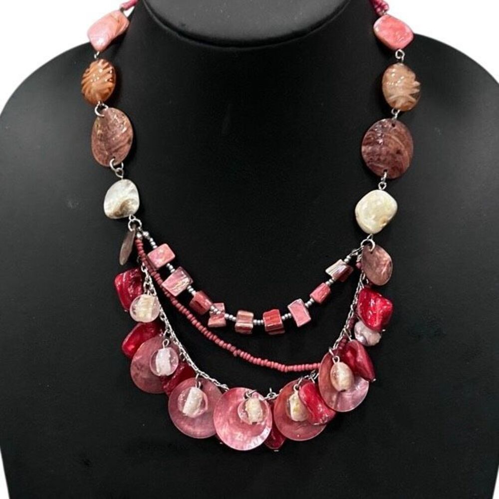 Statement Bib Necklace 17" Pink & Coral-Colored 3-Strand Shell Chip And Disc